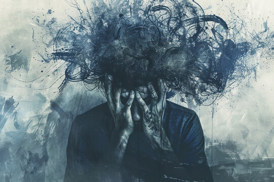 Young schizophrenic man with psychological disorder suffering from depression, stress and anxiety