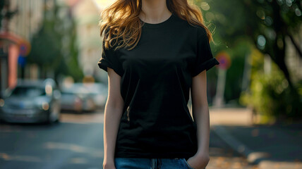 Young female model in a black T-shirt - 758764113