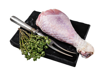 Raw turkey leg thigh with thyme and spices. Isolated, Transparent background.
