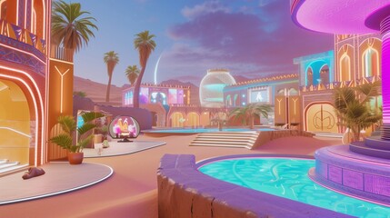 A retro-futuristic Arabian desert palace, featuring AI-controlled sand gardens, holographic camel races, and virtual belly dance performances.