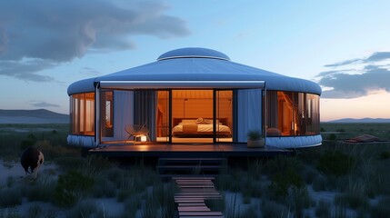 A modern Mongolian yurt retreat, with AI-controlled nomadic experiences