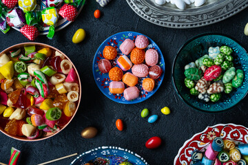 Colorful Ramadan Eid Candy and Chocolate, Traditional Ottoman Cuisine Desserts Photo, Üsküdar...
