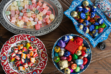 Fototapeta na wymiar Colorful Ramadan Eid Candy and Chocolate, Traditional Ottoman Cuisine Desserts Photo, Üsküdar Istanbul, Turkiye