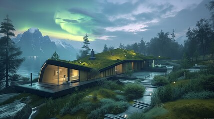 Fototapeta premium A high-tech Scandinavian eco-house, featuring AI-controlled green roofs, holographic northern lights, and virtual interactive sustainable living exhibitions.