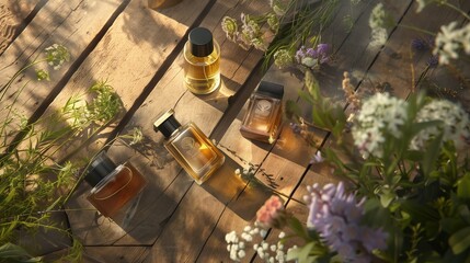 Wiosenne zapachy - mała kolekcja perfum na drewnianym stole - obrazy, fototapety, plakaty