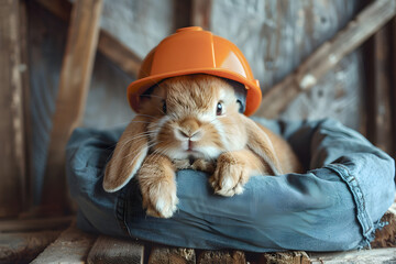 Easter bunny wearing a construction helmet, adding a playful and festive touch to the holiday celebration. - obrazy, fototapety, plakaty