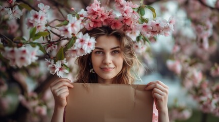 Sceneria rozkwitu wiosny. Młoda kobieta stojąca wiosną trzyma pustą kartkę przed sobą, patrząc na aparat. Jest uśmiechnięta i skupiona na treści kartki.  - obrazy, fototapety, plakaty