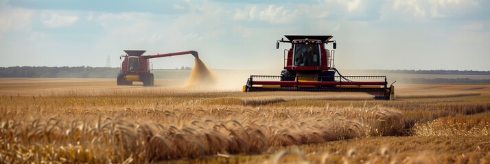 a farmer harvests ripe grain in a large field with a tractor