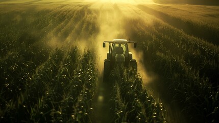 A farmer harvests green maize from a large field with a tractor - obrazy, fototapety, plakaty