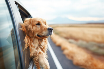 Golden Retriever dog enjoying a road trip leaning out of the car window.