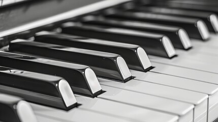 Detailed monochrome close up of black and white piano keyboard for enhanced viewing