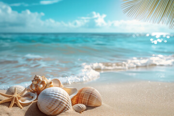 Fototapeta na wymiar Shells on the sand, palm tree on the beach, Sunny tropical beach with turquoise water, summer vacation,