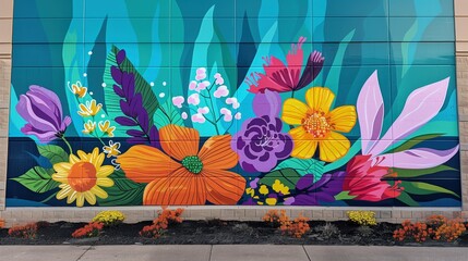 Wiosenne malowidło kwiatów na bocznej ścianie budynku, które celebruje przyjście wiosny. Malowidło jest jasne i kolorowe, dodając uroku ulicznej sztuce. - obrazy, fototapety, plakaty