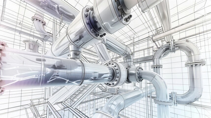Engineering Concept with Blue Steel Pipes, Industrial Manufacturing and Power Technology, Detailed Design Illustration
