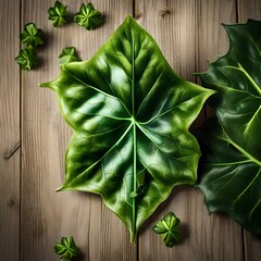 green leaves on wooden background