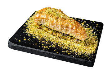 Turkish Dessert Havuc Dilim Baklava with pistachio and honey.  Isolated, Transparent background.