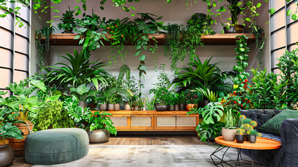 Fototapeta na wymiar Modern Home Interior with Green Houseplants, Stylish Living Room Design with Nature-Inspired Decor and Furnishings