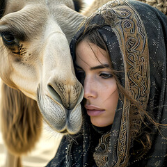 Two beings, one moment, a shared silence. An evocative close encounter between a contemplative woman and a camel, each displaying a quiet understanding and a shared silent narrative.