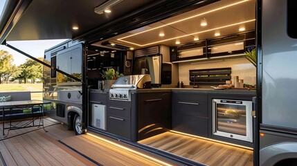 A motorhome exterior with a large outdoor kitchen, complete with a grill and a refrigerator