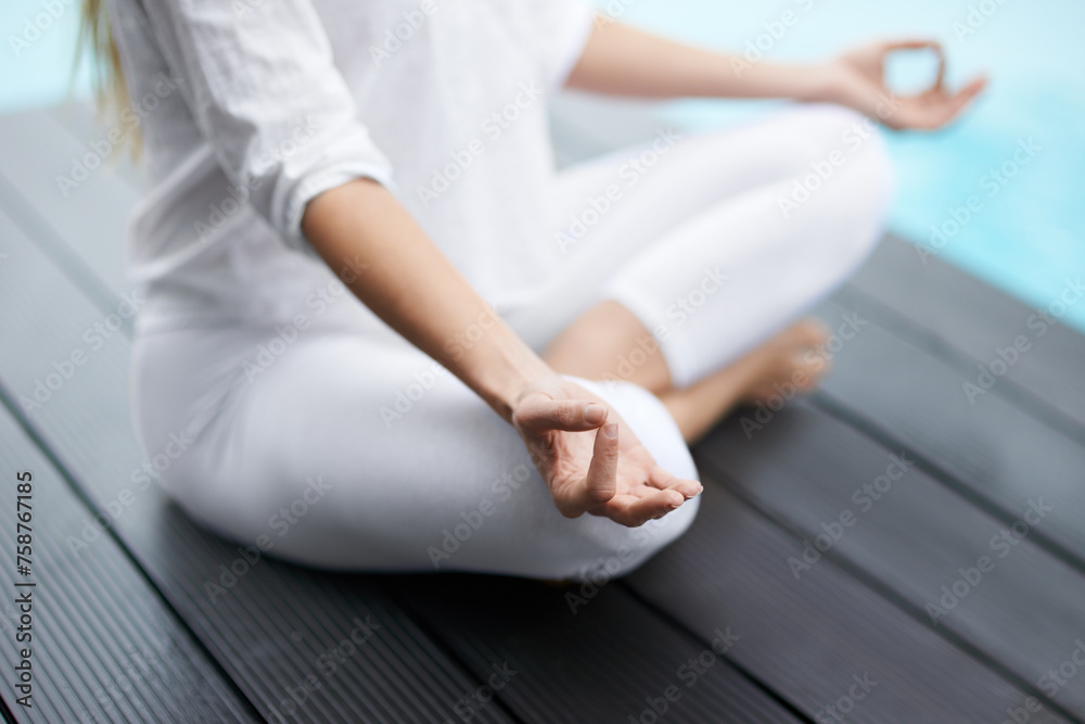 Poster Yoga, hands and woman in lotus pose for exercise outdoor for spiritual, mental and body wellness on patio. Balance, meditation and closeup of female person with pilates workout for peace, calm or zen