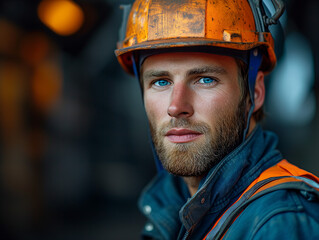 Close-Up of Construction Worker in Safety Helmet. Close-up view of a construction worker in a safety helmet and workwear. - obrazy, fototapety, plakaty