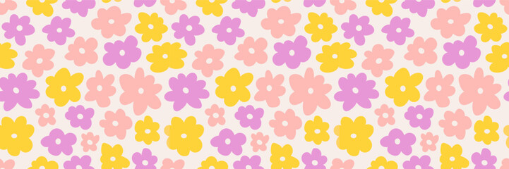 Retro seamless pattern with daisy flowers. Groovy vintage hand drawn vector background surface design, textile, stationery, wrapping paper, covers. 60s, 70s, 80s style. Hippie aesthetic wallpaper.