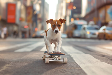 cute little dog rides through the city on a skateboard and looks into the camera - 758767355
