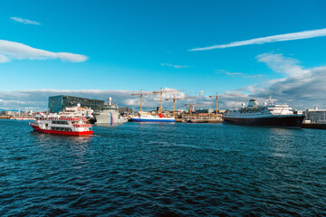Ships in Reykjavic harbor at sunny day,  Iceland - 758767360