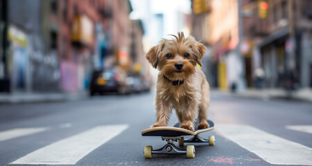 cute little dog rides through the city on a skateboard and looks into the camera - 758767373