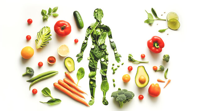 You Are What You Eat Concept with Vegetables and Fruits Forming Human Body on White Background
