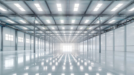 Spacious Industrial Warehouse, Modern Storehouse Interior with Metallic Structure, Empty and Clean Storage Space