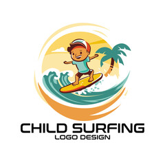 Obraz na płótnie Canvas Child Surfing Vector Logo Design