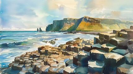 A watercolor painting featuring a rocky beach with a towering mountain in the background. The scene captures the rugged beauty of the coast, with waves crashing against the stones and cliffs, under a 
