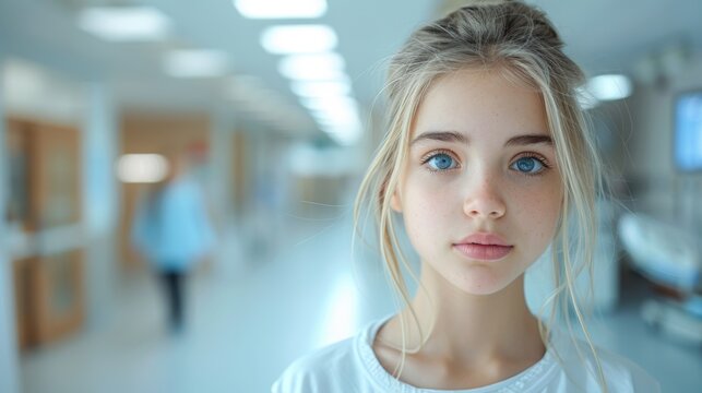 Disturbed close-up of frightened little girl standing in hospital corridor