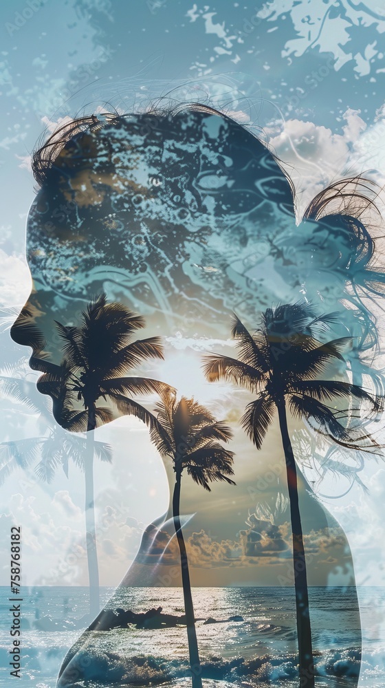 Poster A close-up view of a womans face with palm trees in the background, creating a striking double exposure composition. The woman appears contemplative, with a serene expression against the backdrop of l