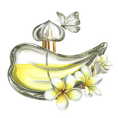 A perfume bottle made of transparent glass with plumeria and frangipani flowers, with a butterfly. Vintage yellow perfume. Hand-drawn watercolor illustration. For packaging, postcards and labels.