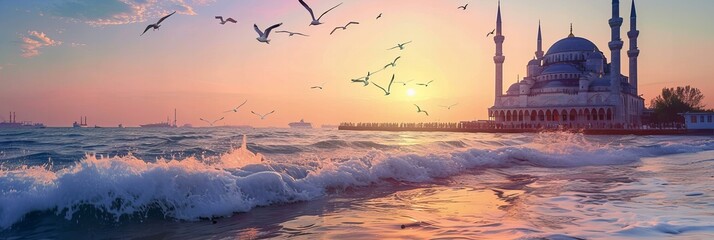 A beautiful mosque by the sea, with waves gently lapping at the shore and seagulls circling above at sunset  - obrazy, fototapety, plakaty