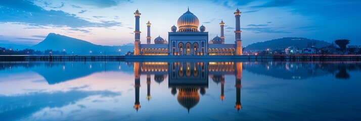 A majestic mosque reflected perfectly in the still waters of a nearby lake, under the tranquil...
