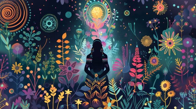 Shamanic Healer with Medicinal Plants and Spiritual Symbols