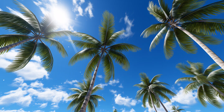  Palm tree against blue sky, bottom view
