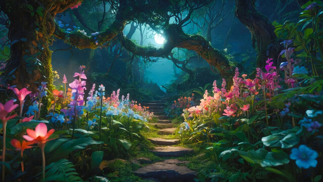 magical fantasy forest at night