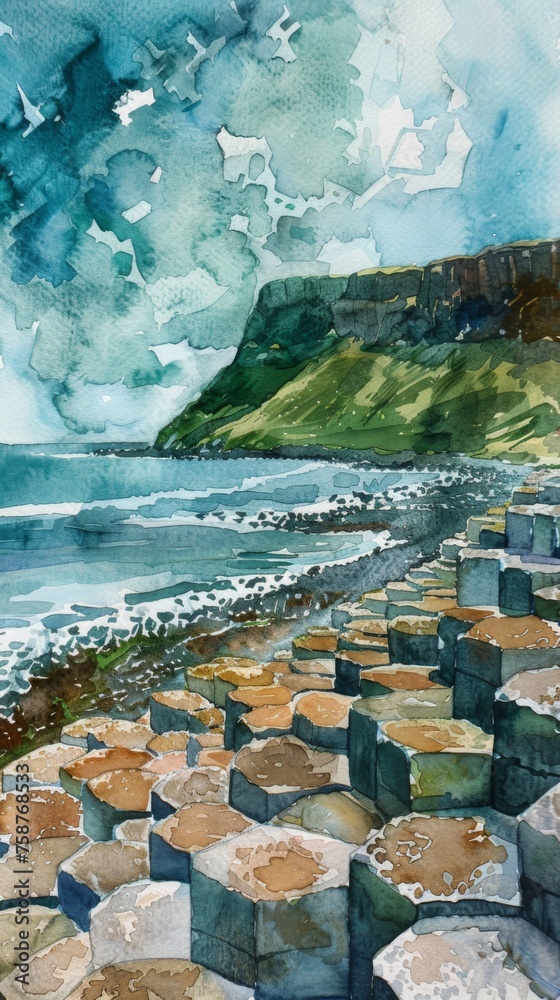 Poster a painting of a rocky shore with a cliff in the background. the water is calm and the sky is cloudy