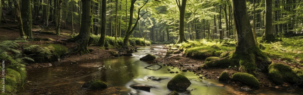 Poster a stream of water flows through a forest. the water is clear and the trees are green