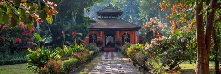 A mosque surrounded by lush gardens, with pathways lined by blooming flowers and trees, a peaceful...