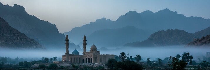An ancient mosque set against the backdrop of towering mountains, with the early morning fog...
