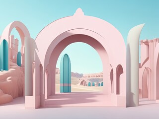 3D Visualization, Abstract Unrealistic pastel landscape backdrop featuring arches and a podium to...