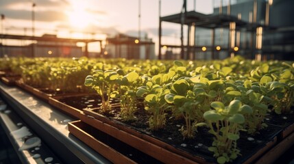 Generative AI A rooftop microgreen garden supplying local markets with fresh and flavorful greens. - obrazy, fototapety, plakaty