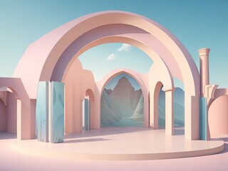 3D Visualization, Abstract Unrealistic pastel landscape backdrop featuring arches and a podium to...