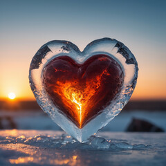 Abstract heart as a symbol of love in the form of a piece of ice illuminated by sunlight