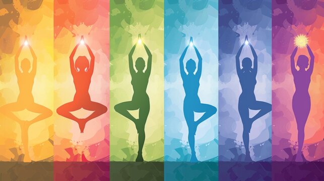 Yoga Poses Highlighting Chakras in Healing Color Backgrounds